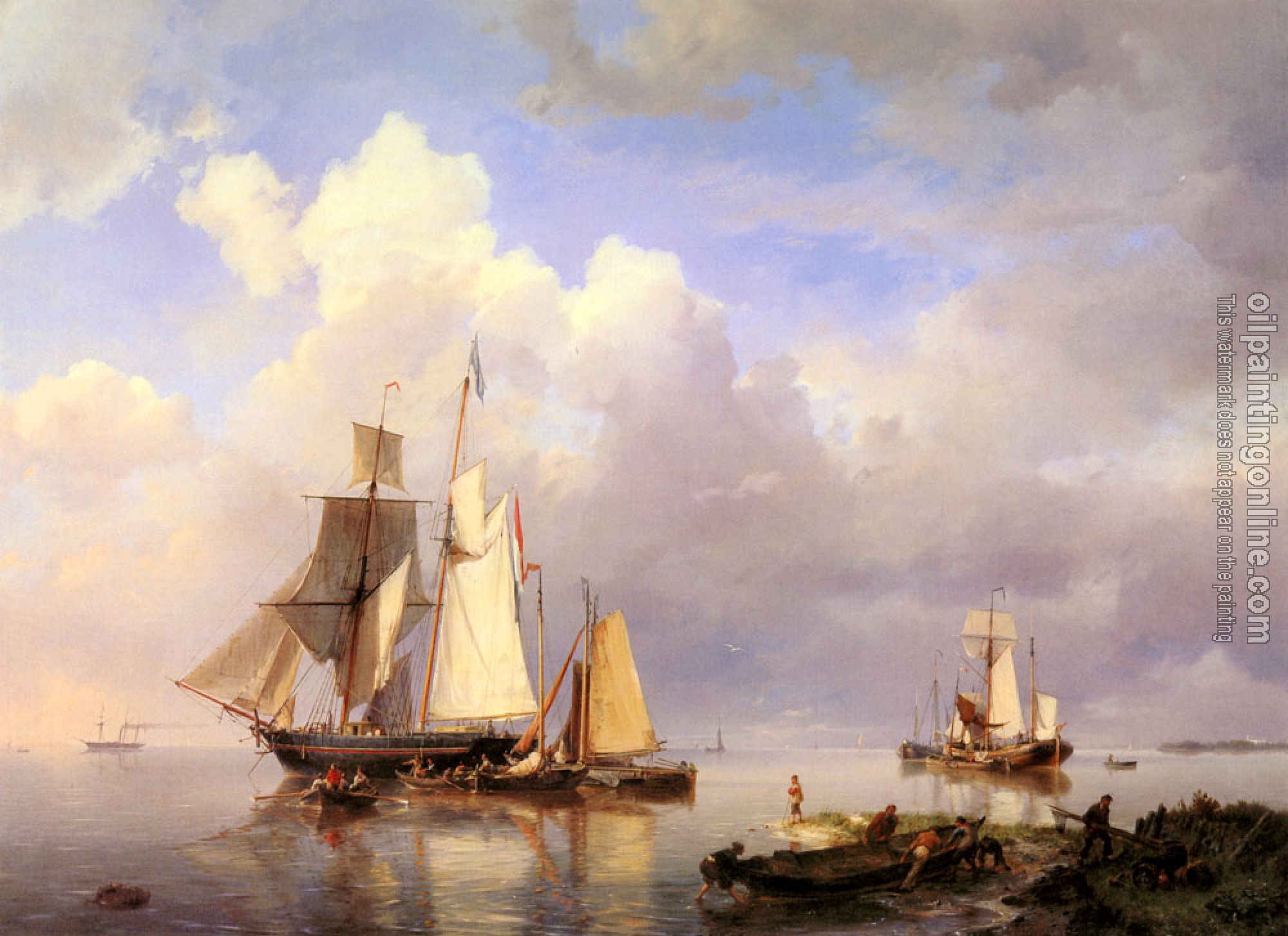 Johannes Hermanus Koekkoek - Vessels At Anchor In Estuary With Fisherman